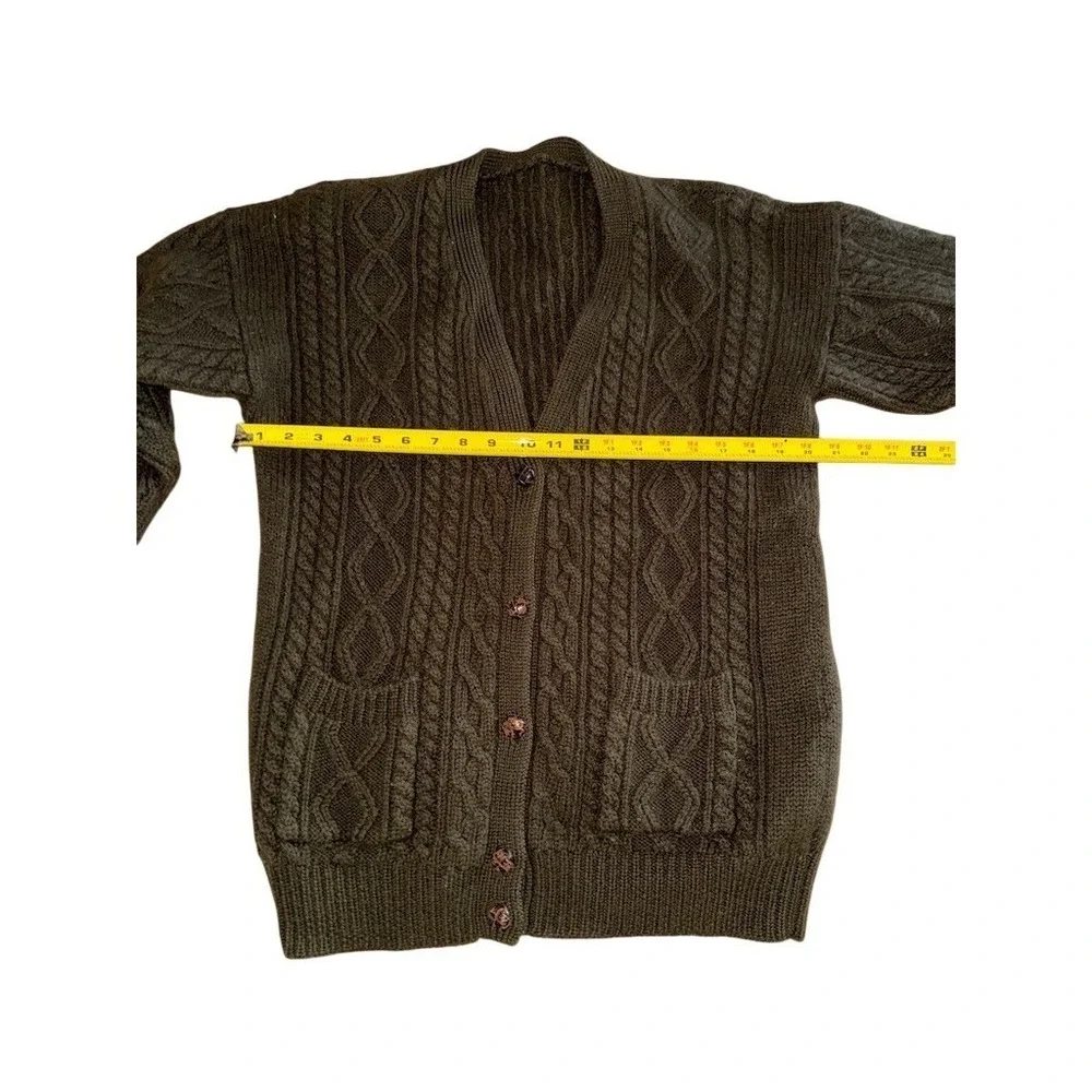 Aran Sweater Market Cardigan Sweater M Olive Green cabl wool grandpa Kurt Cobain